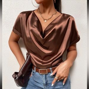 Draped Collar Dolman Sleeve Satin Blouse (L)